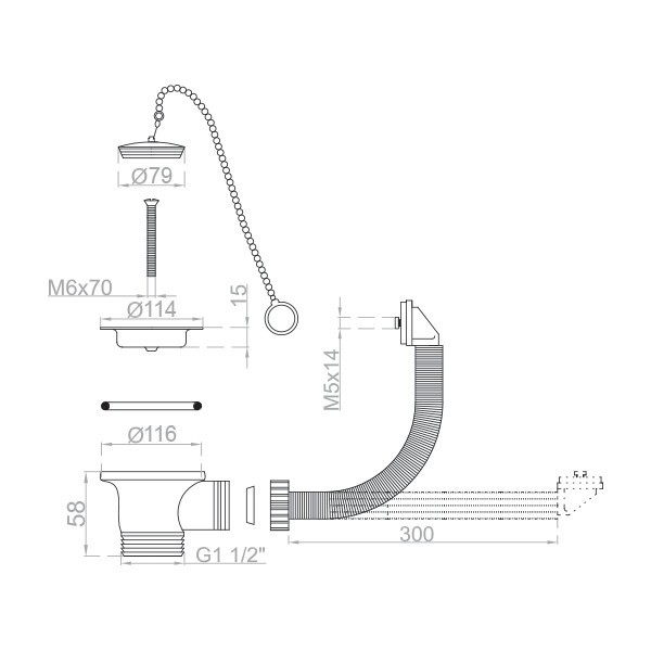 Válvula Inox com tampa plástica + corrente e tubo de transbordamento Ø 115 mm - 3
