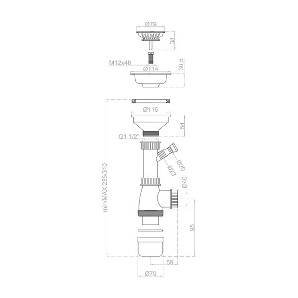 Vávula + sifão 1 pia para lava-louças Ø 115 mm - 3