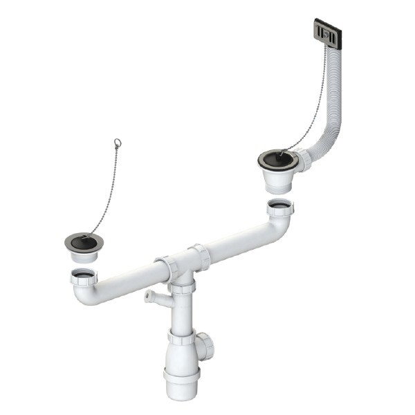 Válvula Inox com tampa + corrente 2 sifões para lava-louças Ø 70 mm - 1